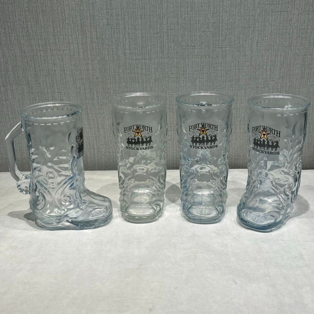Ft Worth Stockyards Cowboy Boot Glasses Glassware Texas Set 4 Drinking 16 oz Wes